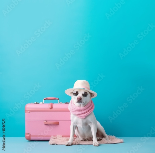 Adorable Dog Wearing Sun Hat Sitting in front of bright Pastel Background. Generative ai