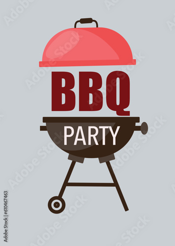 Barbecue grill elements isolated on light background. BBQ party poster. Meat restaurant at home. Charcoal kettle with tool, sauce and foods. Kitchen equipment for menu. Cooking outdoors.