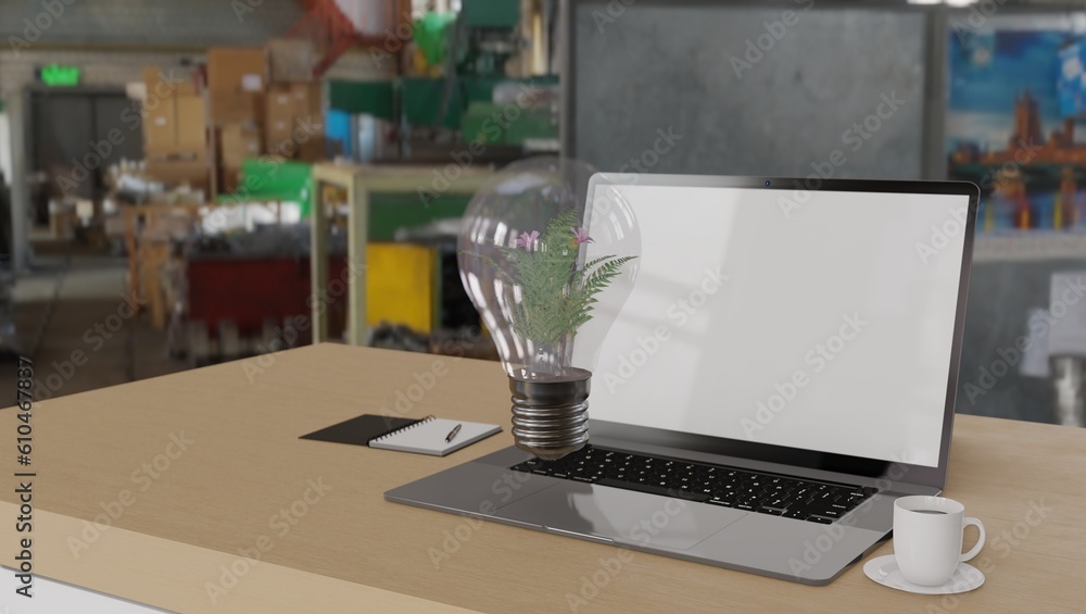 Naklejka premium laptop with lights inside there is green grass, 3D rendering illustration, 