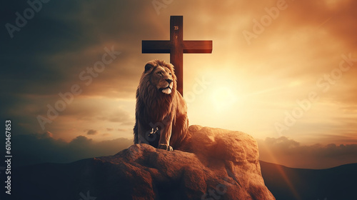 crucifixo de jesus cristo com leão da tribo de judá, simbolo de força e fé cristã  photo