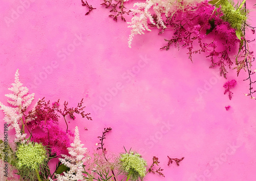 ボタニカル素材のフレーム　背景ピンク 