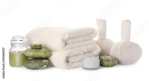 Beautiful composition with different spa products on white background