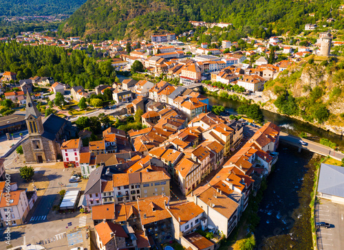 Panoramic aerial cityscape of Tarascon-sur-Ariege city on south of France