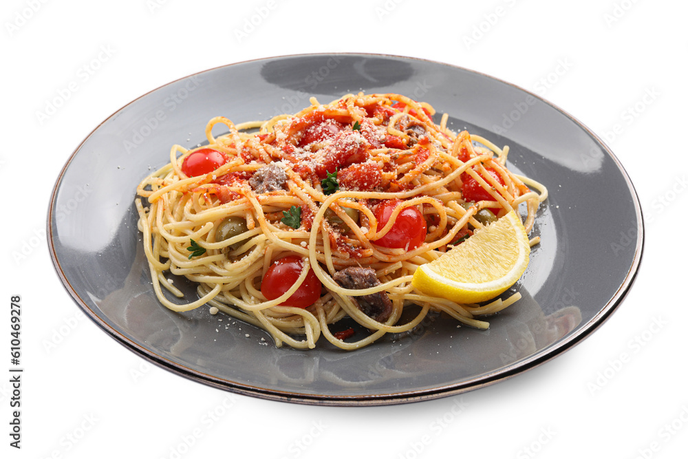 Plate of delicious pasta with anchovies, tomatoes and parmesan cheese isolated on white Plate of delicious pasta with anchovies, tomatoes and parmesan cheese isolated on white