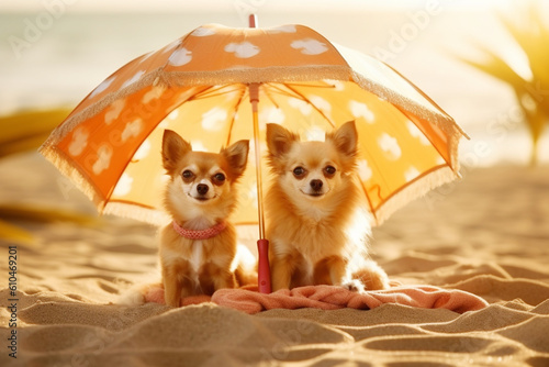 Two Happy Dogs Relaxing on Beach Under Umbrella. Generative ai