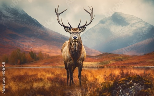 Majestic red deer stag with big antlers on mountain background. Created with Generative AI tools