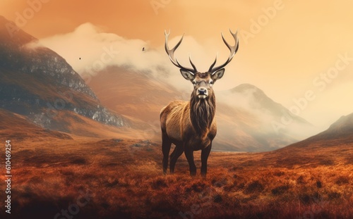 Beautiful red deer stag with big antlers in the mountains. Created with Generative AI tools © DIGITALSHAPE