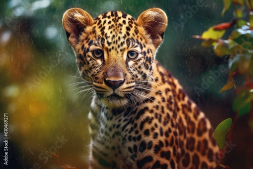Leopard in the rain looking at the camera. Created with Generative AI tools