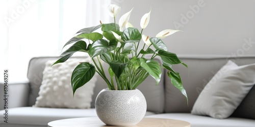 Portrait vase of anthurium on the table with sun exposure