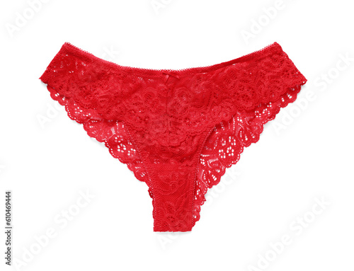 Elegant red women's underwear isolated on white, top view
