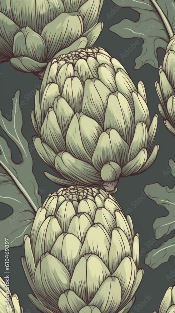 Obraz premium Fresh Organic Artichoke Vegetable Cartoon Vertical Background Illustration. Healthy Vegetarian Diet. Ai Generated Drawning Background Illustration with Delicious Juicy Artichoke Generative AI