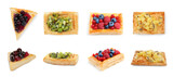 Collage with tasty puff pastries on white background