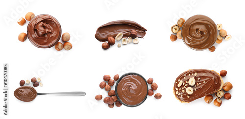 Obraz na plátně Yummy chocolate paste and hazelnuts on white background, top view