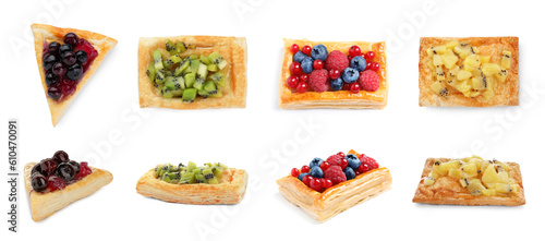 Collage with tasty puff pastries on white background