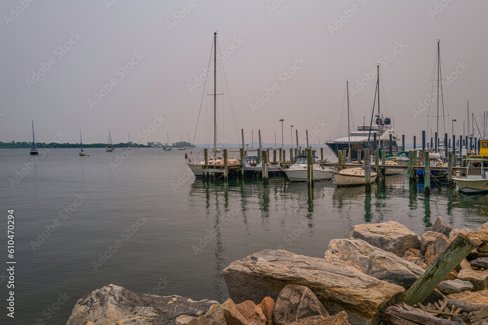 Tranquil seascape at the marina in Noank in Connecticut