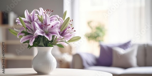 Beautiful vase of lily flowers on the table with sun exposure
