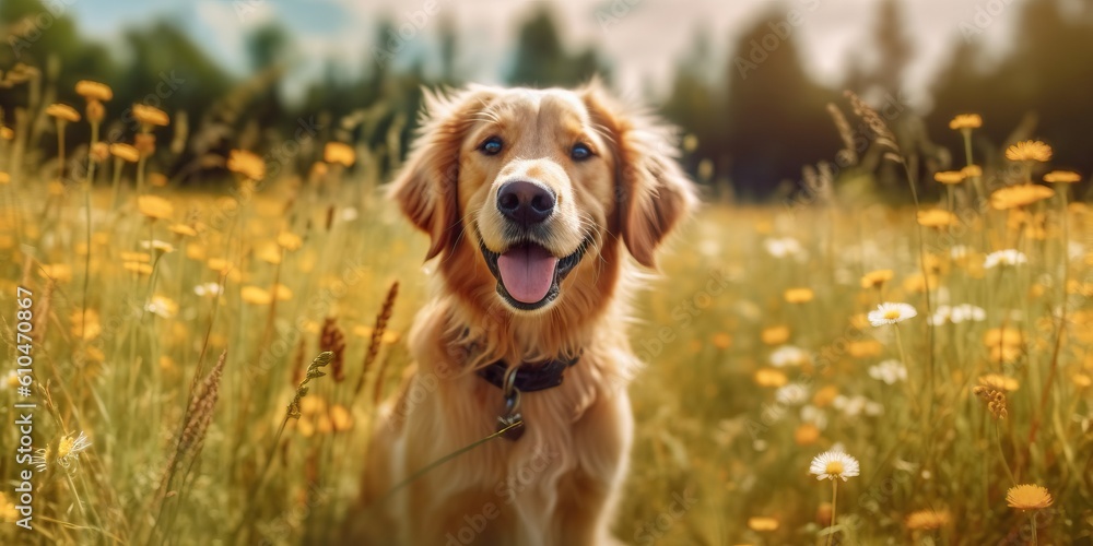 Portrait cute dog on the flower garden AI Generative