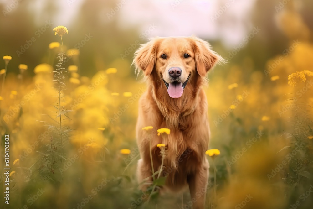 Portrait cute dog on the flower garden with light exposure AI Generative