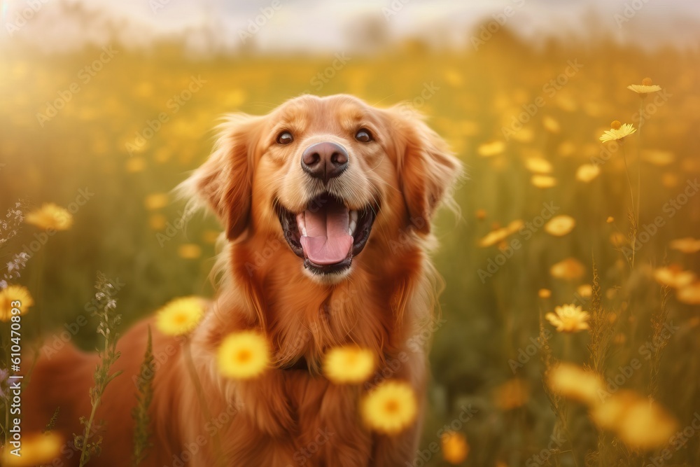Portrait cute dog on the flower garden with light exposure AI Generative