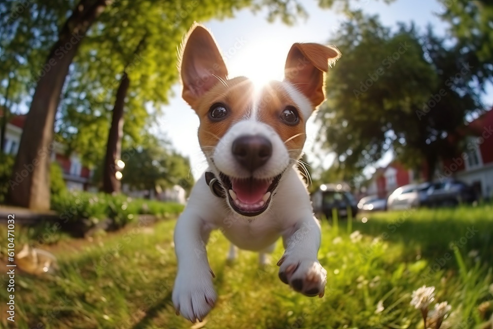 Portrait cute dog running on the garden AI Generative