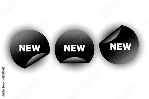 New black sign icon. Curved corner. New arrival button symbol. Round stickers. Circle labels with shadows. Vector illustration. Stock image.