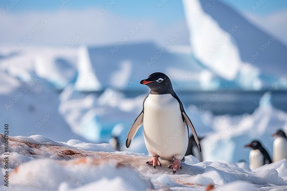 Fototapeta premium Portrait penguin standing in snowy hills AI Generative