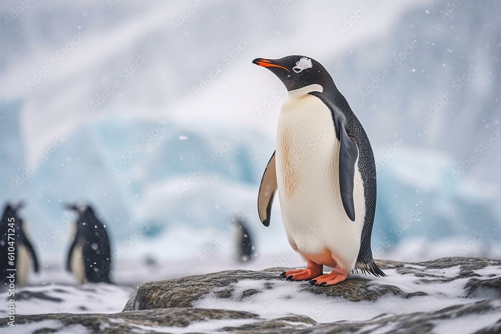 Fototapeta premium Portrait penguin standing in snowy hills AI Generative