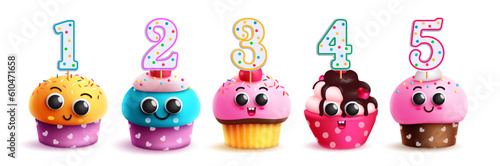 Birthday cupcake set vector design. Birthday cup cake and muffins in yummy and colorful decoration with numbers topper. Vector illustration cute cartoon cake characters.