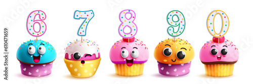 Birthday cupcake set vector design. Cup cake and muffin cartoon characters collection with party number topper decoration. Vector illustration birthday party elements.