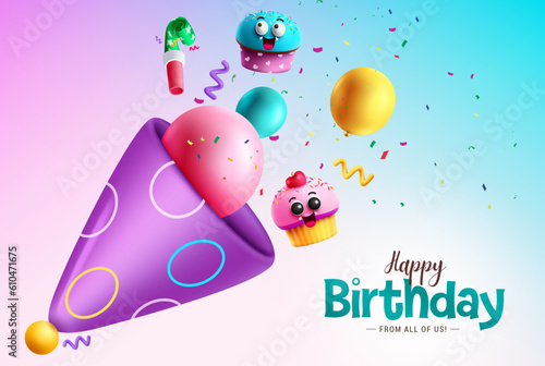 Happy birthday text vector design. Birthday party popper with cup cake, balloon and confetti party elements. Vector illustration invitation greeting card. 