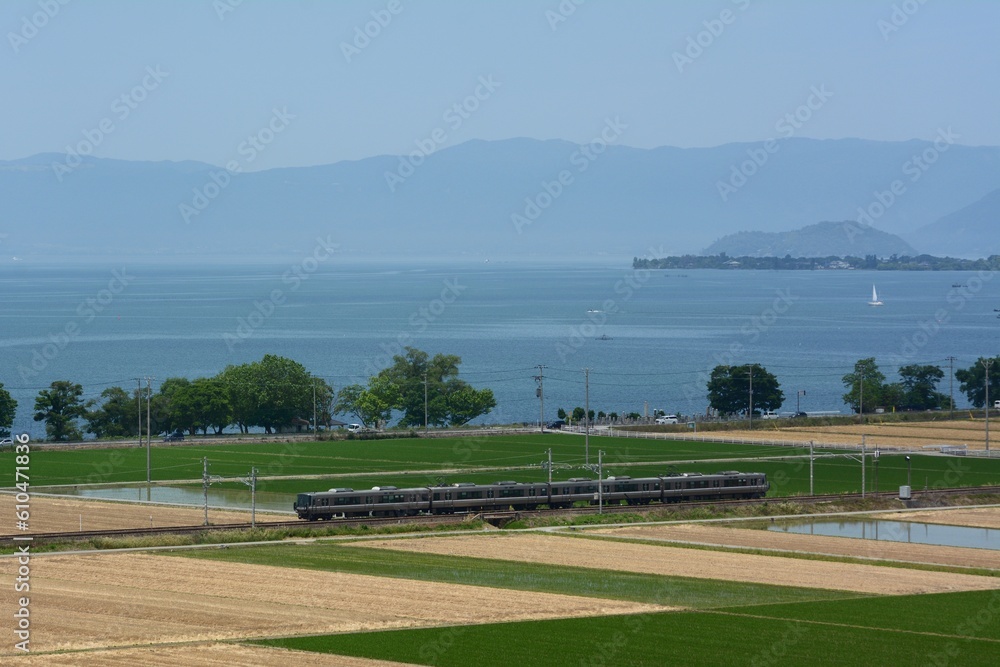 Fototapeta premium 初夏の琵琶湖を背景に走る223系普通列車 （北陸本線 田村 - 長浜, 2023年6月）