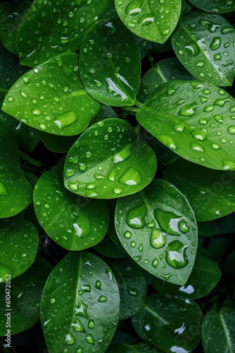 top view fresh green leaves with raindrops texture