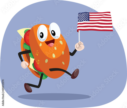 Happy Hamburger Waving a USA Flag Vector Mascot Character. Traditional patriotic burger for celebratory Independence Day picnic
