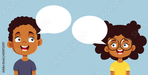 Happy Kids Talking Empty Speech Bubble Vector Design. Siblings getting along communicating with each other 
