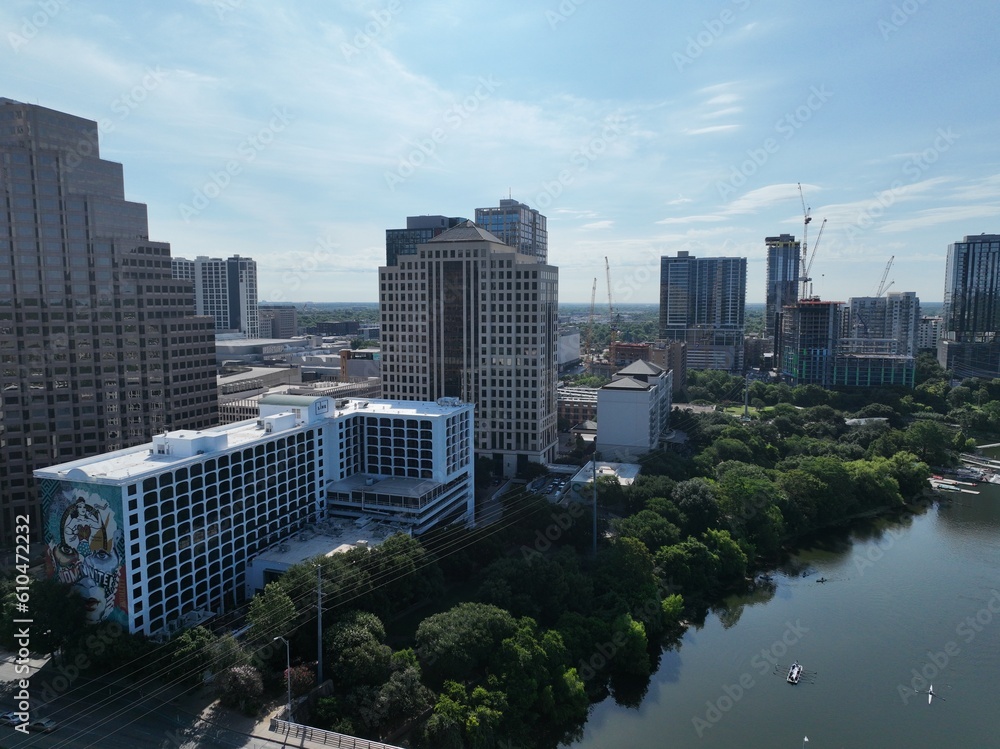 Aerial view of Austin: A vibrant and diverse city in Texas known for its live music scene, outdoor activities, and eclectic culture.
