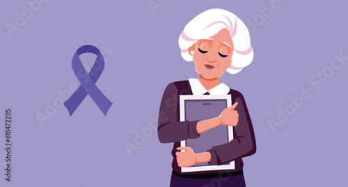 Purple Ribbon for Alzheimer Disease Vector Senior Woman Nostalgic Character. World Alzheimer's day banner with ribbon and senior lady remembering old days
