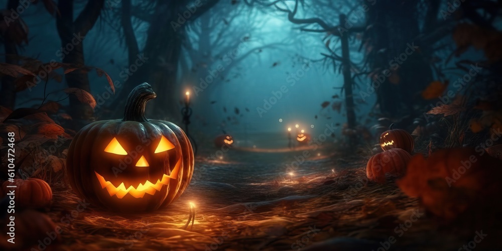 Scary jack o lantern on the forest made with Generative AI Scary jack o lantern on the forest made with Generative AI