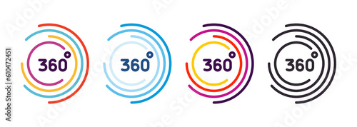 360 degrees. 360º area view, virtual reality related vector graphic element linear stroke icon in 4 color schemes. Modern style with colorful circle lines