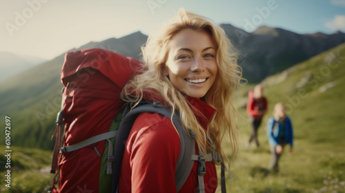 a young adult woman with a backpack on a mountain with a view of a valley and a mountain, nature and hiking, wanderlust, camping and hiking