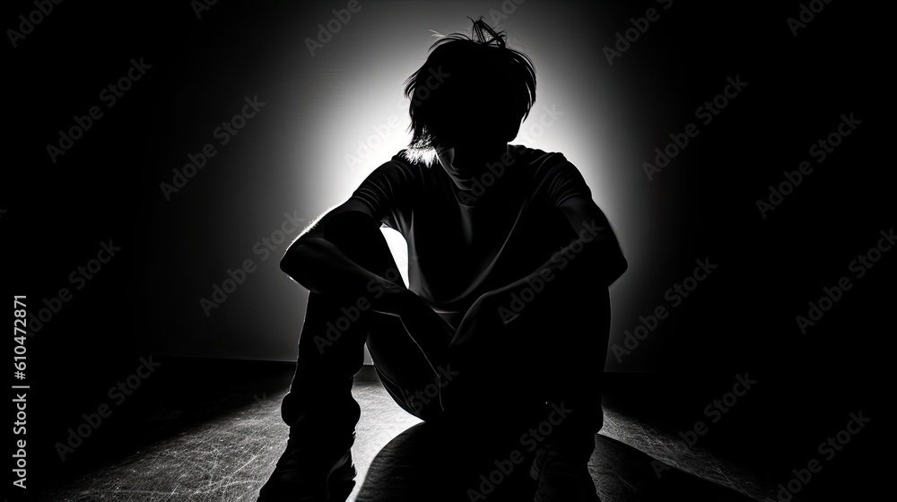Desperate Young Man Silhouette. Depicting Male Teenager in a State of Depression and Sorrowful Cruel Emotions. Generative AI