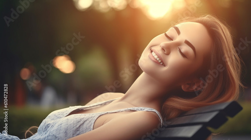 young woman relaxing outdoor laying on a chair in nature or park or garden