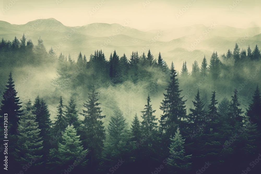 Travel Through A Mystical Fir Forest To Reach The Mountainous Landscape - Vintage Retro Hipster Style: Generative AI