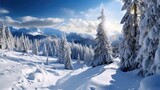 Wintery Alpine Vacation: Snowy Winterlandschaft with Snow-Capped Mountains and Trees in Nature Panorama. Generative AI