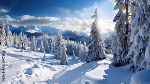 Wintery Alpine Vacation: Snowy Winterlandschaft with Snow-Capped Mountains and Trees in Nature Panorama. Generative AI © AIGen