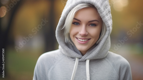 Young adult woman with blonde hair, wearing a light gray hoodie,having fun joy contentment, everyday life, successful, outdoor