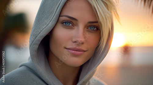 Young adult woman with blonde hair  wearing a light gray hoodie having fun joy contentment  everyday life  successful  outdoor