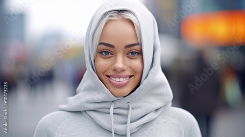 young adult female blonde woman, slender slim attractive beauty, blond hair, light gray hoodie, outdoor free time or weekend or afternoon or vacation or city stroll, fictional location #610473228