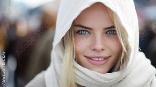 young adult female blonde woman, slender slim attractive beauty, blond hair, light gray hoodie, outdoor free time or weekend or afternoon or vacation or city stroll, fictional location #610473278