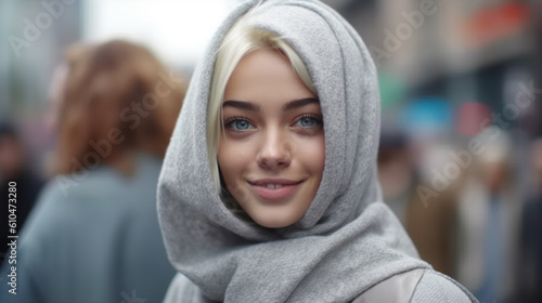 young adult female blonde woman, slender slim attractive beauty, blond hair, light gray hoodie, outdoor free time or weekend or afternoon or vacation or city stroll, fictional location #610473280