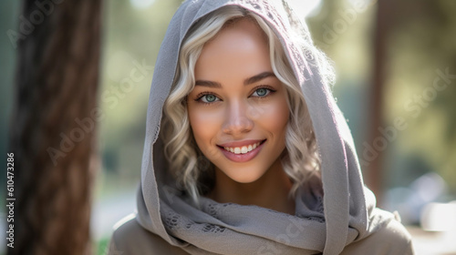 young adult female blonde woman, slender slim attractive beauty, blond hair, light gray hoodie, outdoor free time or weekend or afternoon or vacation or city stroll, fictional location
